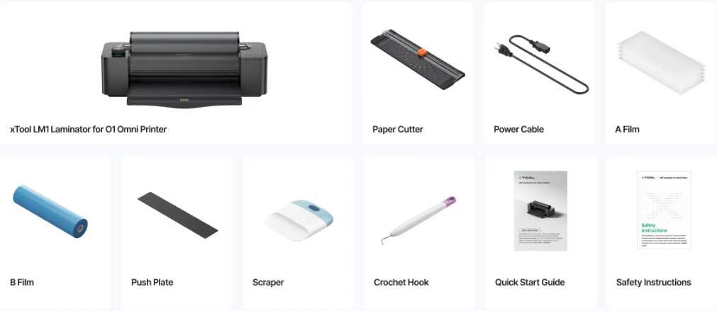 Innhold i esken for xTool laminator