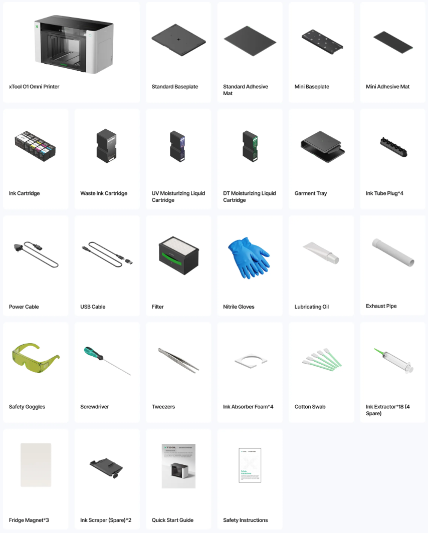 Innhold i standardpakken for xTool O1 Omni